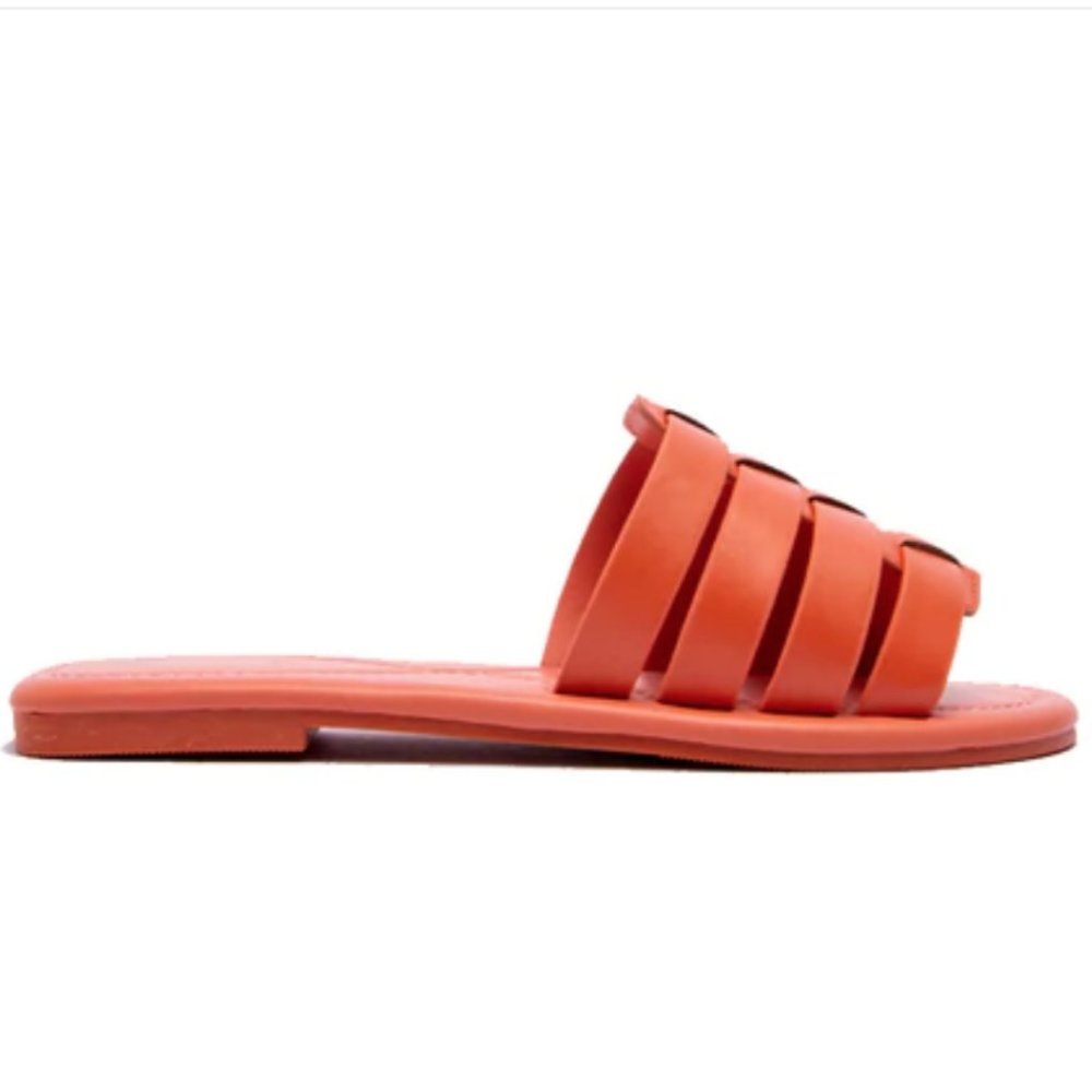 !! NEW !! Soft Vegan Leather Caged Slide Sandals in Deep Coral - Picture 8 of 9